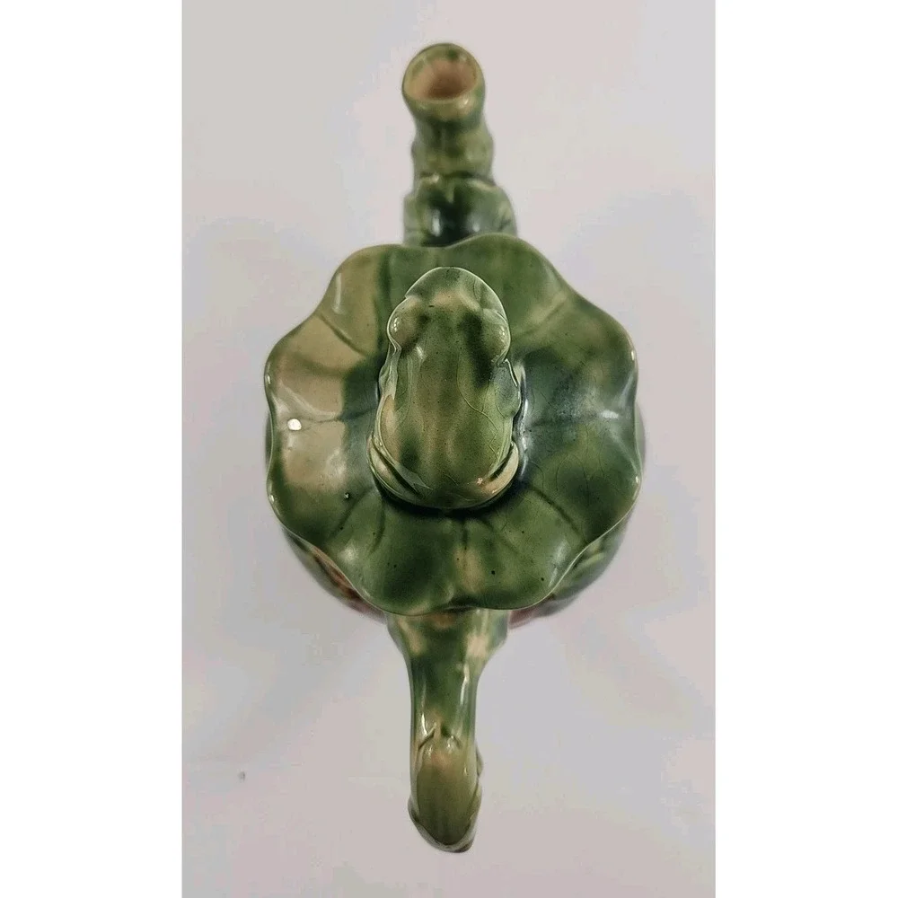 Henriksen Imports Vintage Frog Teapot Whimsical Cottagecore Green Ceramic Decor
